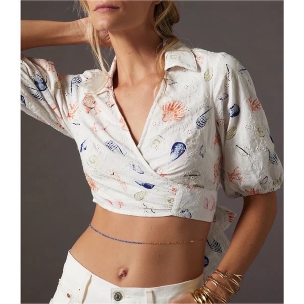 Anthropologie Maeve Women’s Large Crop Top Wrap Seashell Eyelet Puff-Sleeve